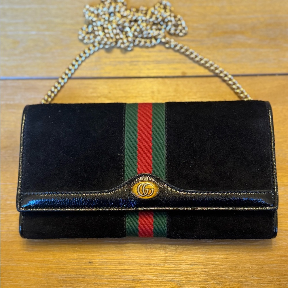 Black Suede Gucci Wallet With Chain